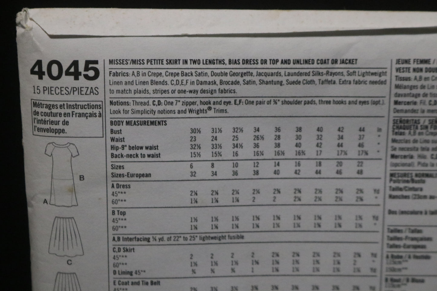 Simplicity 4045 Misses / Miss Petite Skirt in Two Lengths, Bias Dress or Top and Unlined Coat or Jacket Sewing Pattern UNCUT Size 6 8 10 12 14