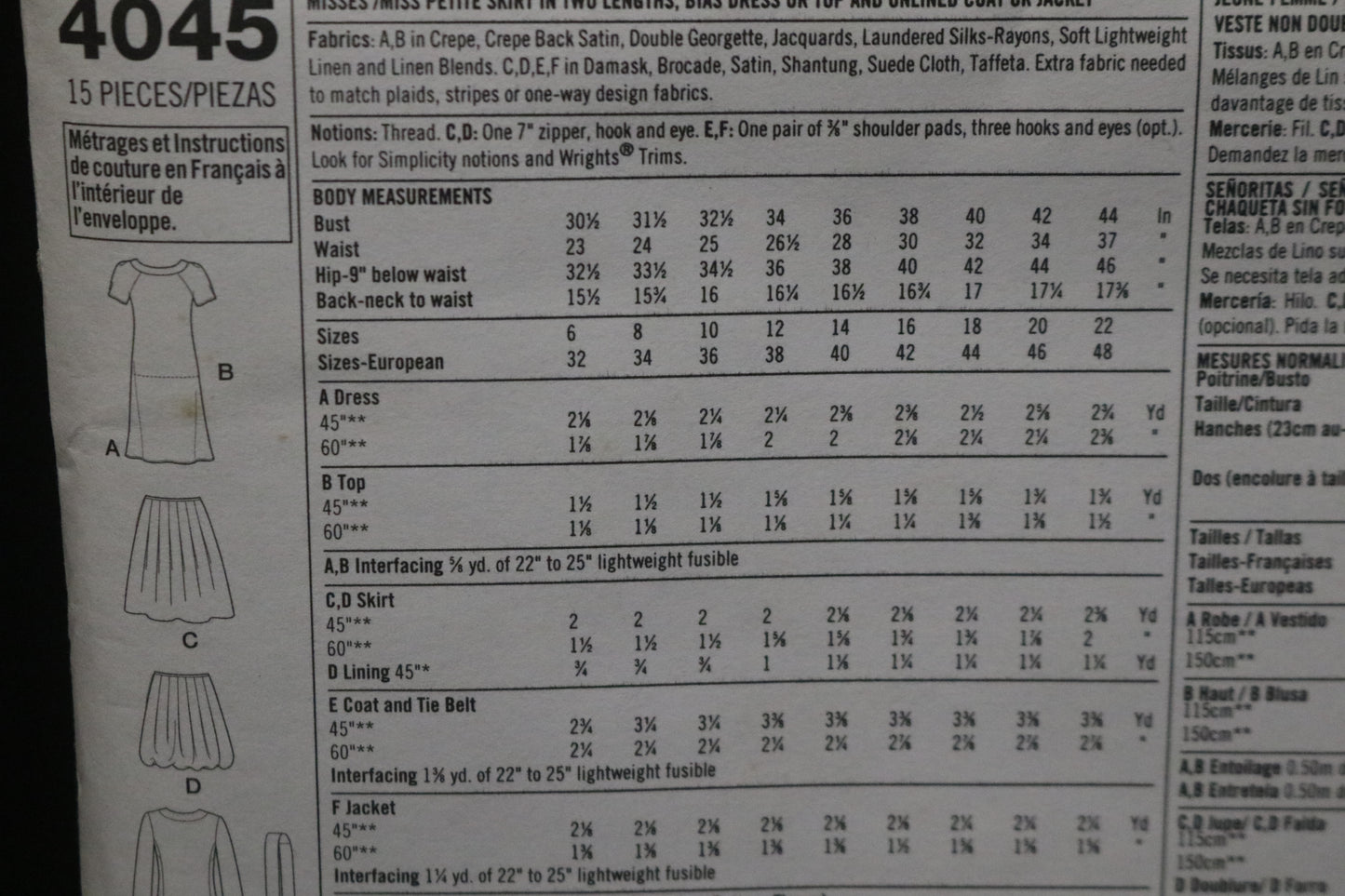Simplicity 4045 Misses / Miss Petite Skirt in Two Lengths, Bias Dress or Top and Unlined Coat or Jacket Sewing Pattern UNCUT Size 6 8 10 12 14