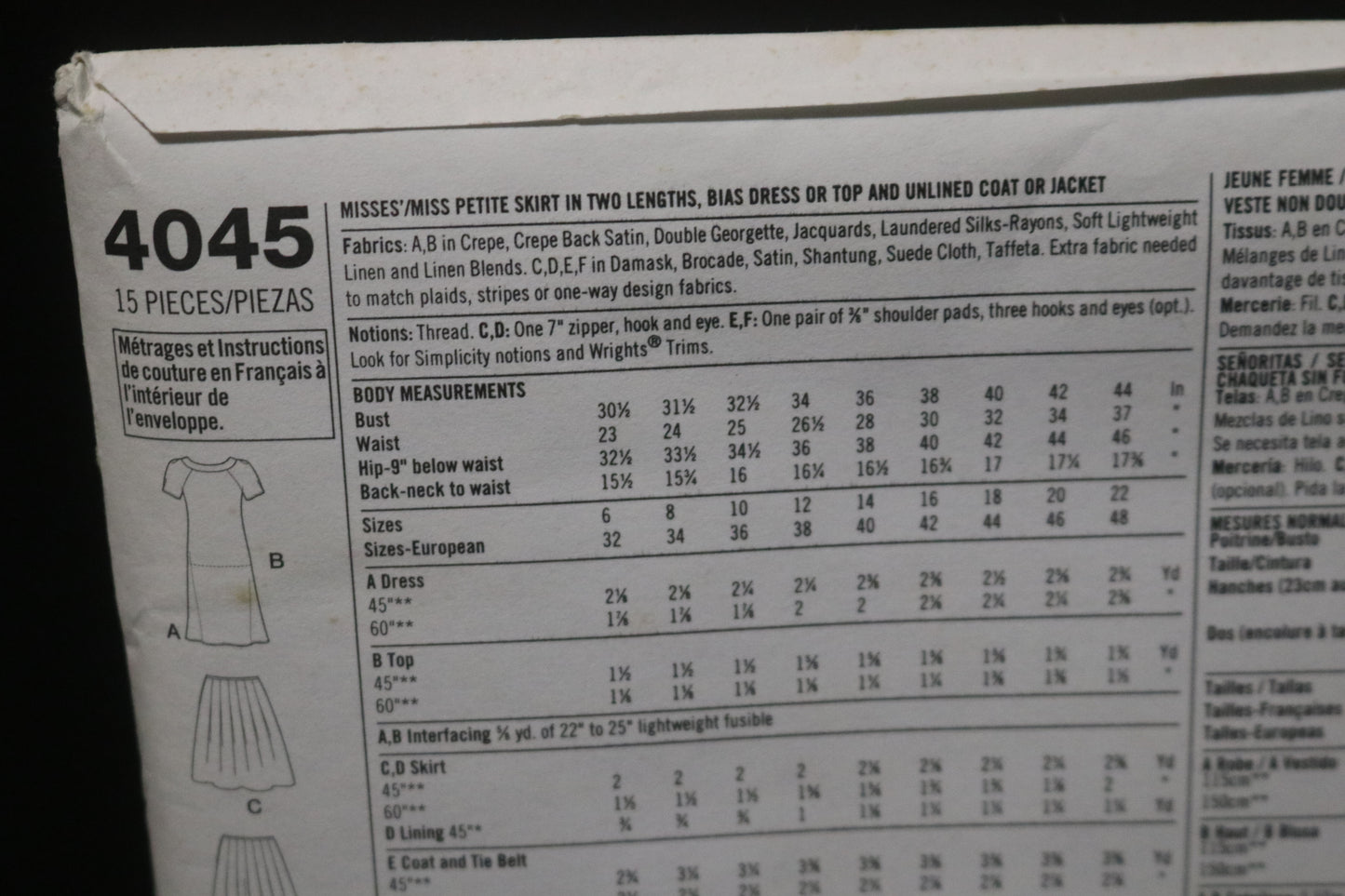 Simplicity 4045 Misses / Miss Petite Skirt in Two Lengths, Bias Dress or Top and Unlined Coat or Jacket Sewing Pattern UNCUT Size 6 8 10 12 14