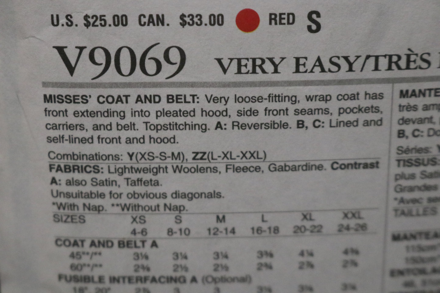 Vogue 9069 Misses Coat and Belt  Sewing Pattern - UNCUT - Size Lrg  Xlg Xxl