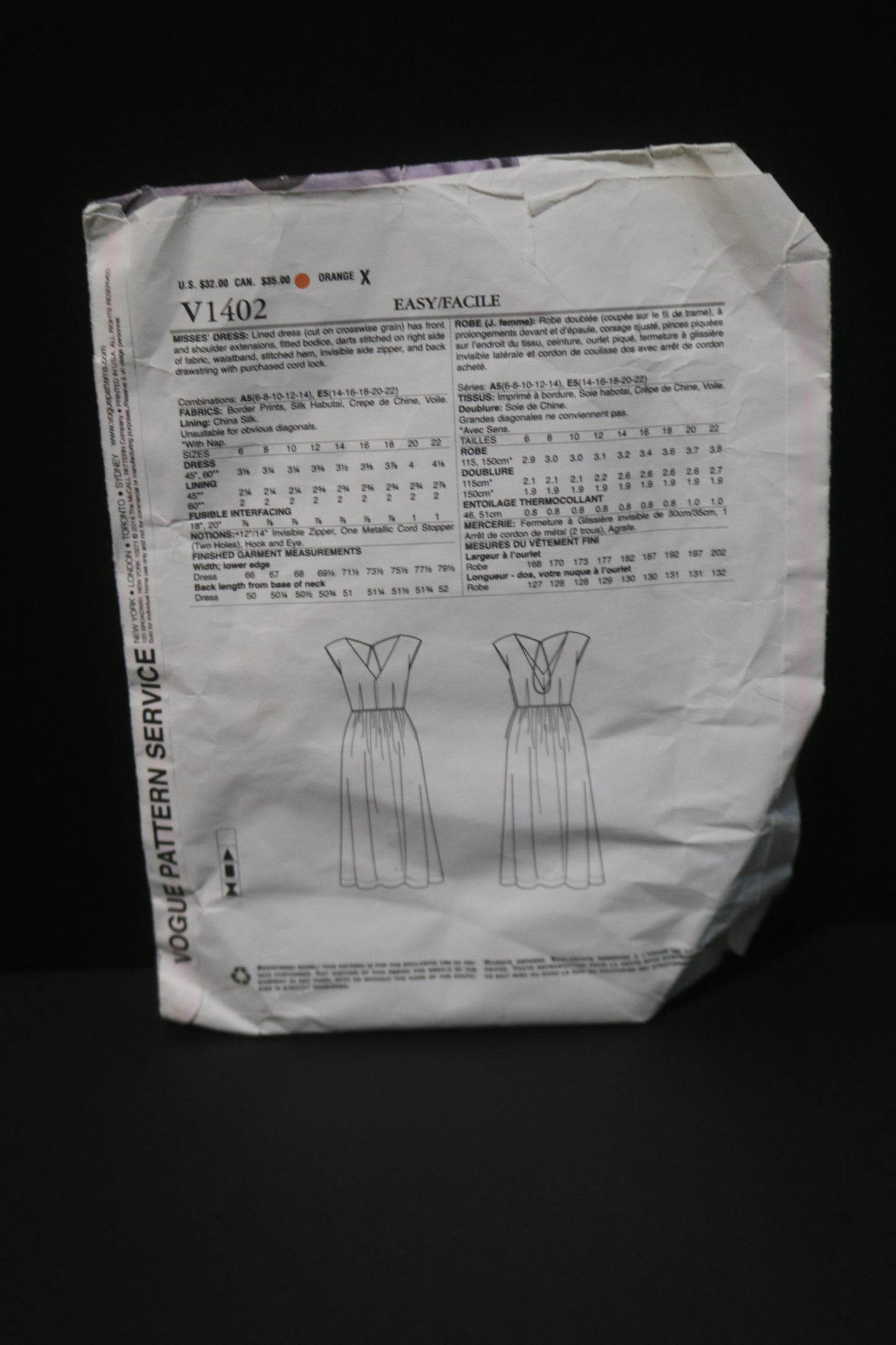 Vogue 1402 Lialia American Designer Misses Dress Sewing Pattern - UNCUT - Size 14 16 18 20 22