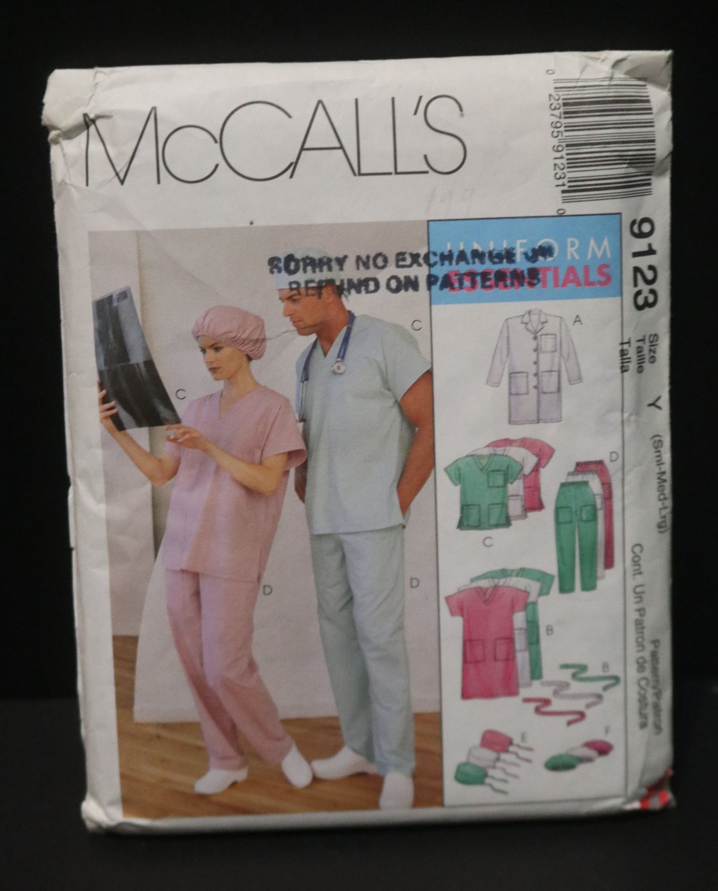 McCalls 9123 Misses and Mens Lab Coat, Dress, Top , Pull on Pants, Hats and Tie Belt Sewing Pattern - UNCUT - Size Sml Med Lrg