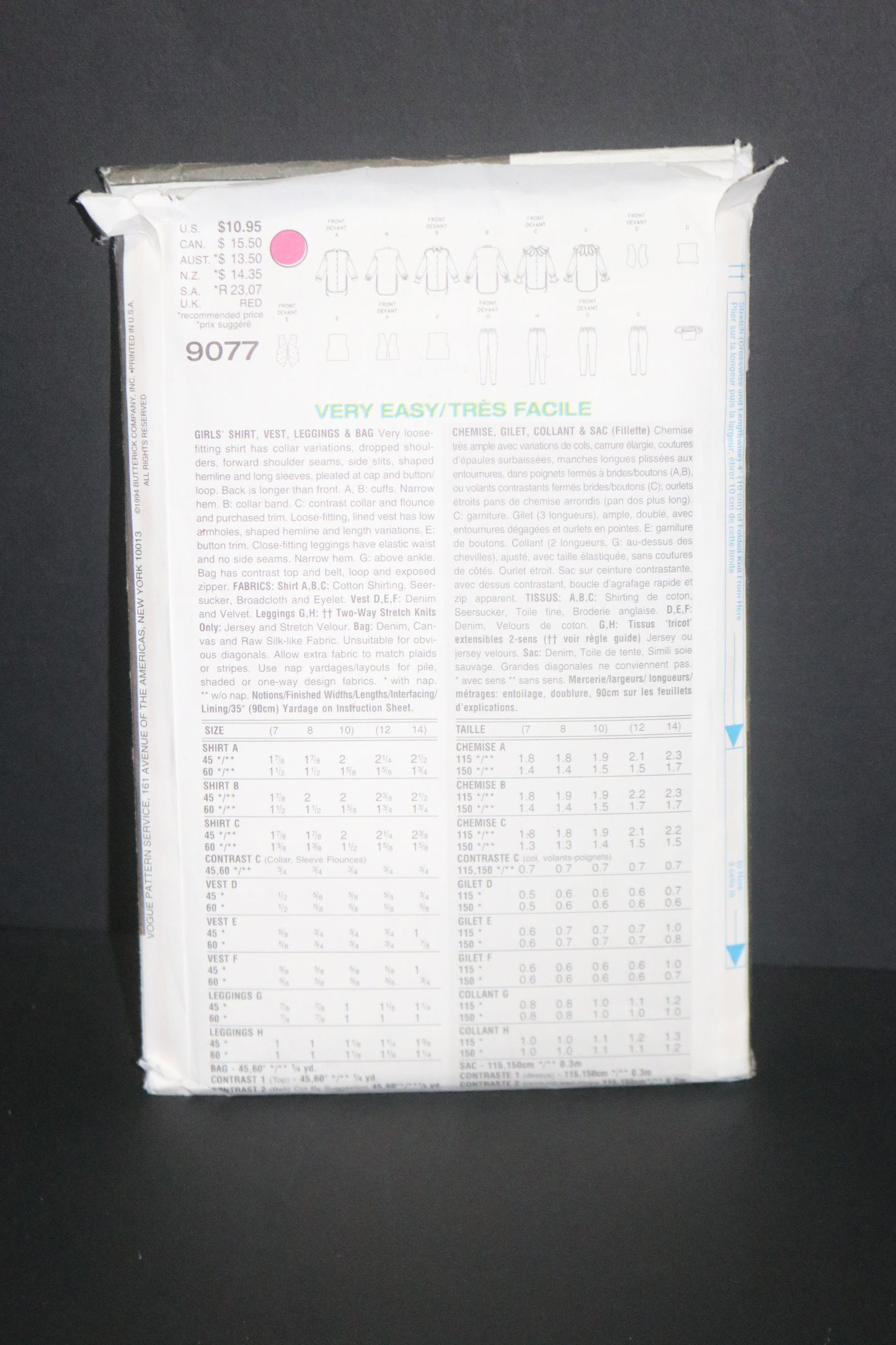 Vogue 9077 Girls Shirt Vest Leggings and Bag Sewing pattern - UNCUT - Size 12 - 14