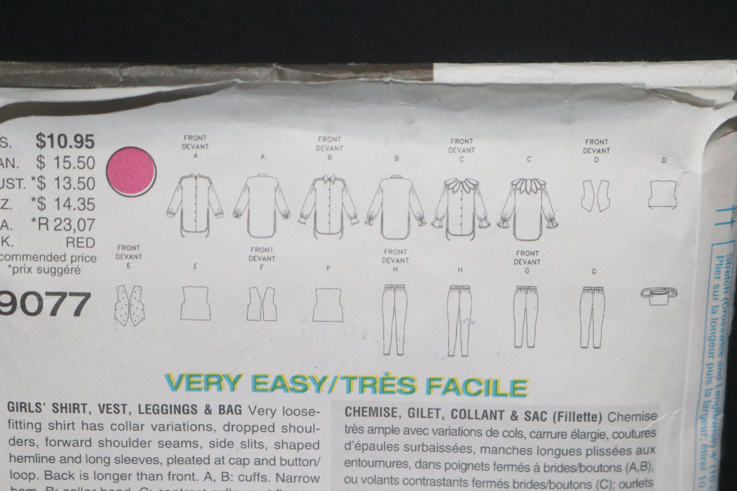 Vogue 9077 Girls Shirt Vest Leggings and Bag Sewing pattern - UNCUT - Size 12 - 14