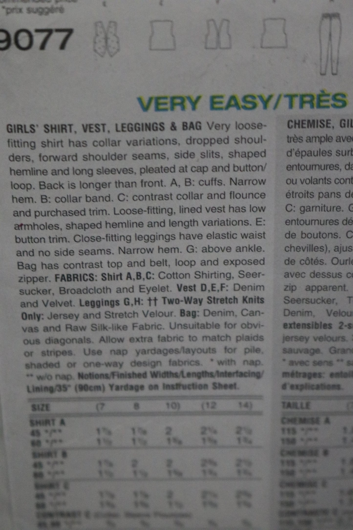Vogue 9077 Girls Shirt Vest Leggings and Bag Sewing pattern - UNCUT - Size 12 - 14