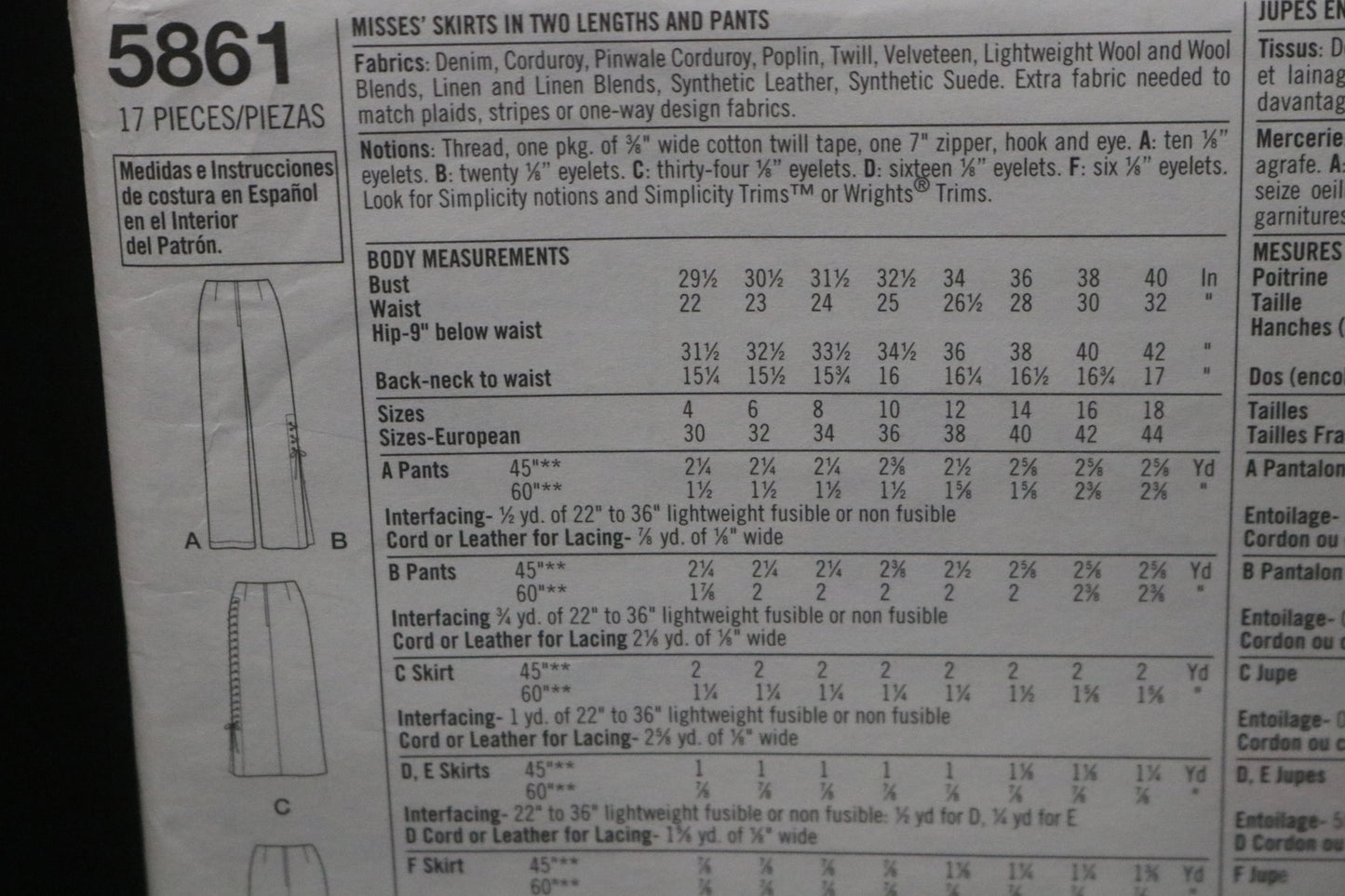Simplicity 5861 Misses Skirt in Two Lengths and Pants Sewing Pattern - UNCUT - Size 4 6 8 10