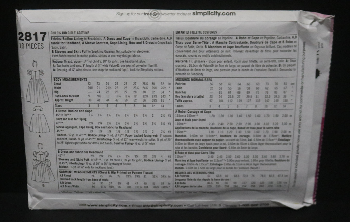 Simplicity 2817 Child and Girl Snow White and Cinderella Costume Sewing Pattern - UNCUT - Size 3 4 5 6 or Size  7 8 10 12 14