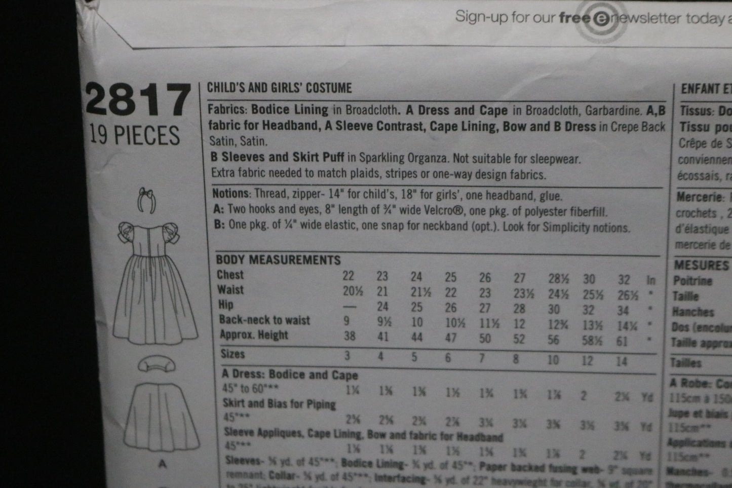 Simplicity 2817 Child and Girl Snow White and Cinderella Costume Sewing Pattern - UNCUT - Size 3 4 5 6 or Size  7 8 10 12 14