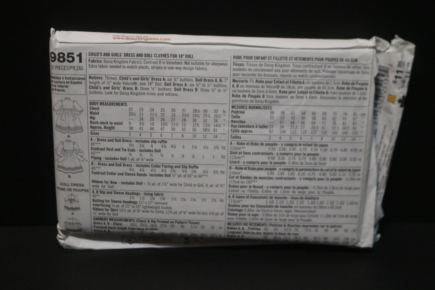 Simplicity 9851 Daisy Kingdom Girls Dress and Doll Clothes for 18" Doll Sewing Pattern - UNCUT - Size 7 8 10 12 14