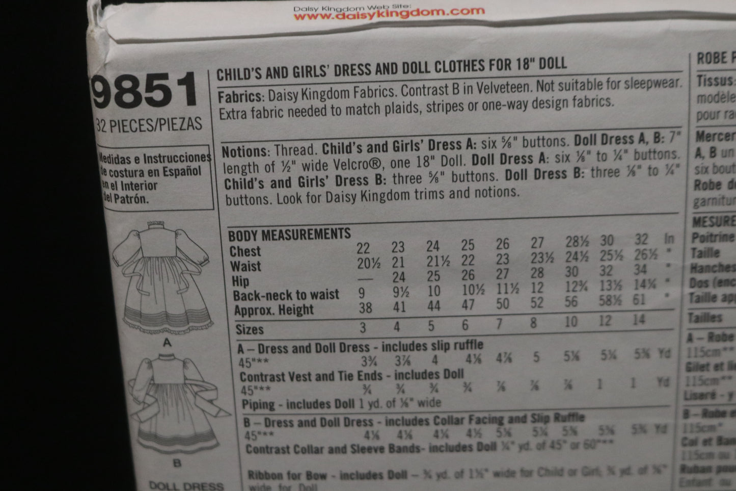 Simplicity 9851 Daisy Kingdom Girls Dress and Doll Clothes for 18" Doll Sewing Pattern - UNCUT - Size 7 8 10 12 14