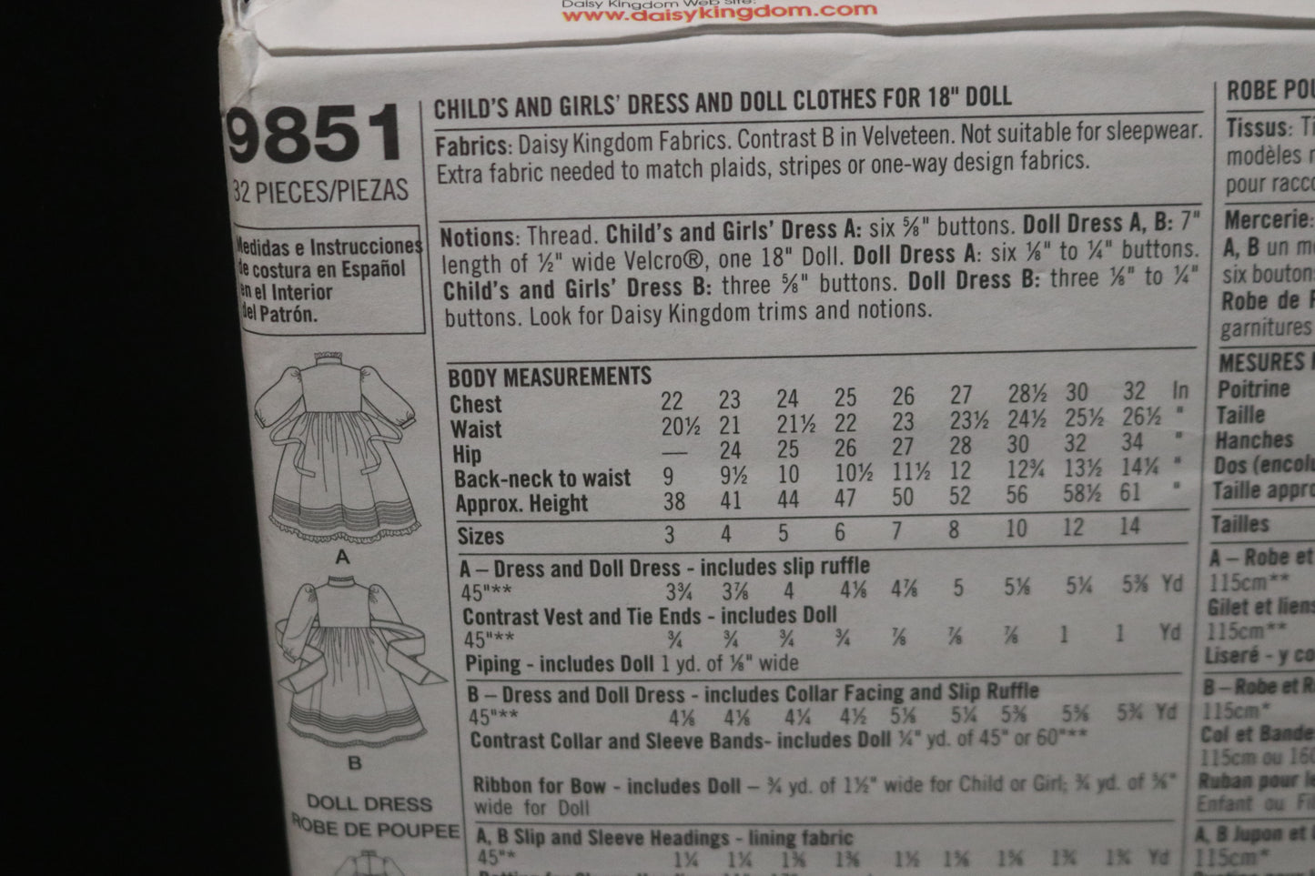 Simplicity 9851 Daisy Kingdom Girls Dress and Doll Clothes for 18" Doll Sewing Pattern - UNCUT - Size 7 8 10 12 14