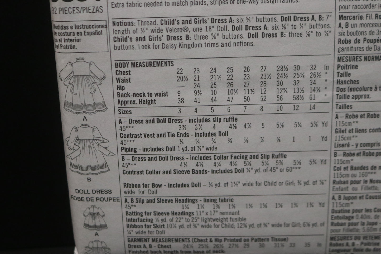 Simplicity 9851 Daisy Kingdom Girls Dress and Doll Clothes for 18" Doll Sewing Pattern - UNCUT - Size 7 8 10 12 14