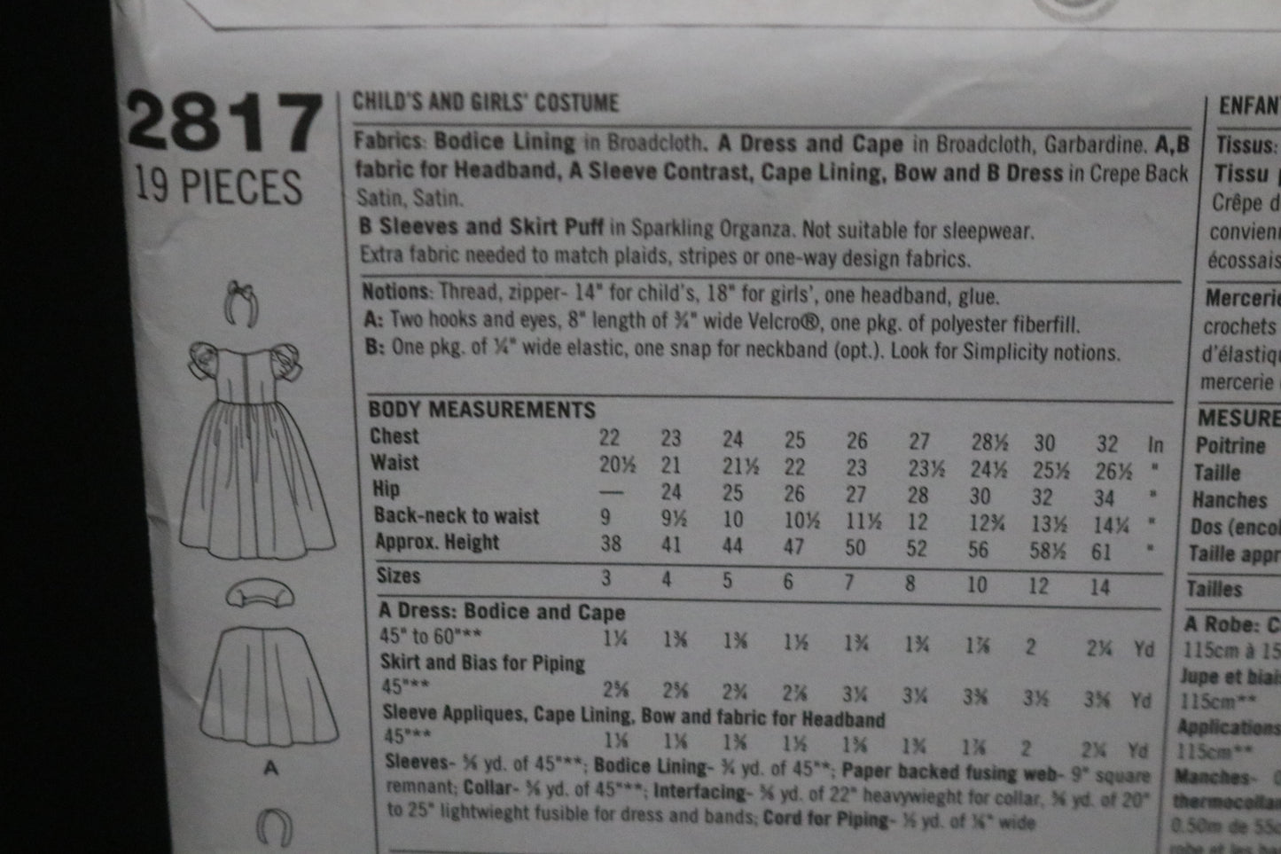 Simplicity 2817 Child and Girl Snow White and Cinderella Costume Sewing Pattern - UNCUT - Size 3 4 5 6 or Size  7 8 10 12 14