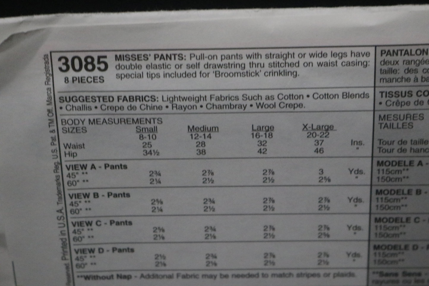 McCalls 3085 Misses Pants Sewing Pattern UNCUT  Size Large ( 16 - 18 )