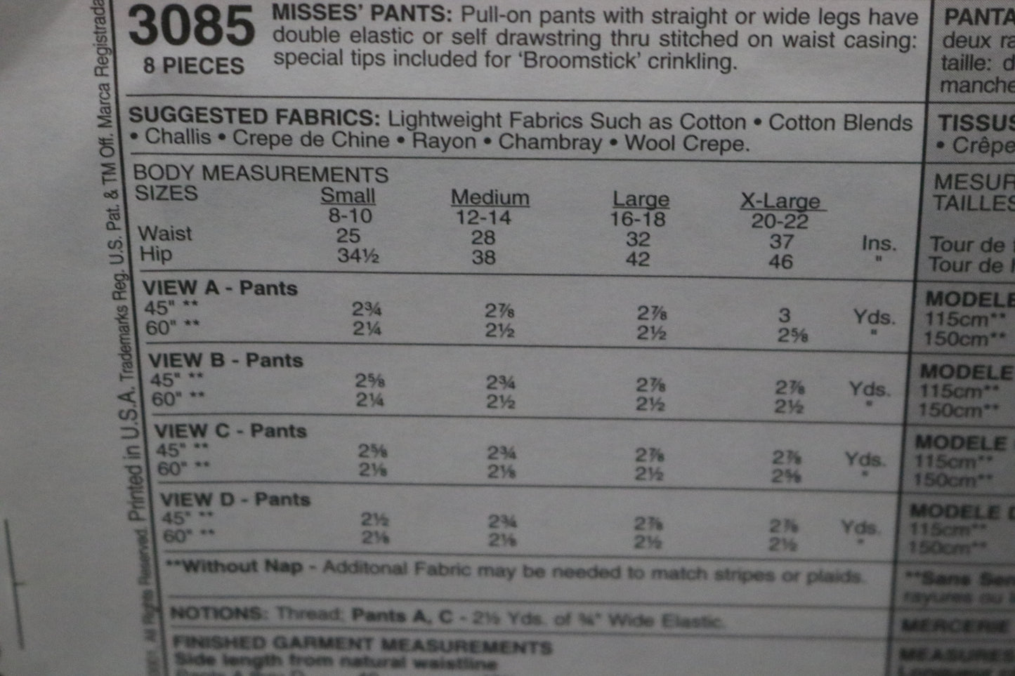 McCalls 3085 Misses Pants Sewing Pattern UNCUT  Size Large ( 16 - 18 )