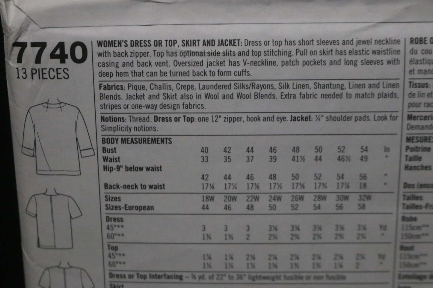 Simplicity 7740 Women's Dress or Top Skirt and Jacket Sewing Pattern UNCUT - Size 18w 20w 22w 24w