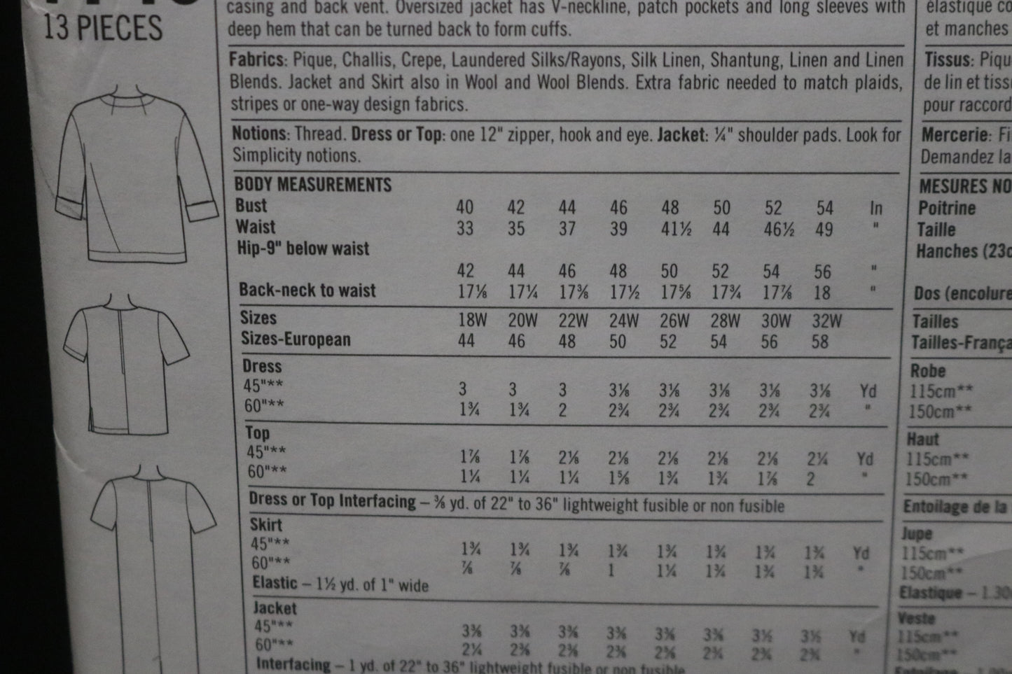 Simplicity 7740 Women's Dress or Top Skirt and Jacket Sewing Pattern UNCUT - Size 18w 20w 22w 24w