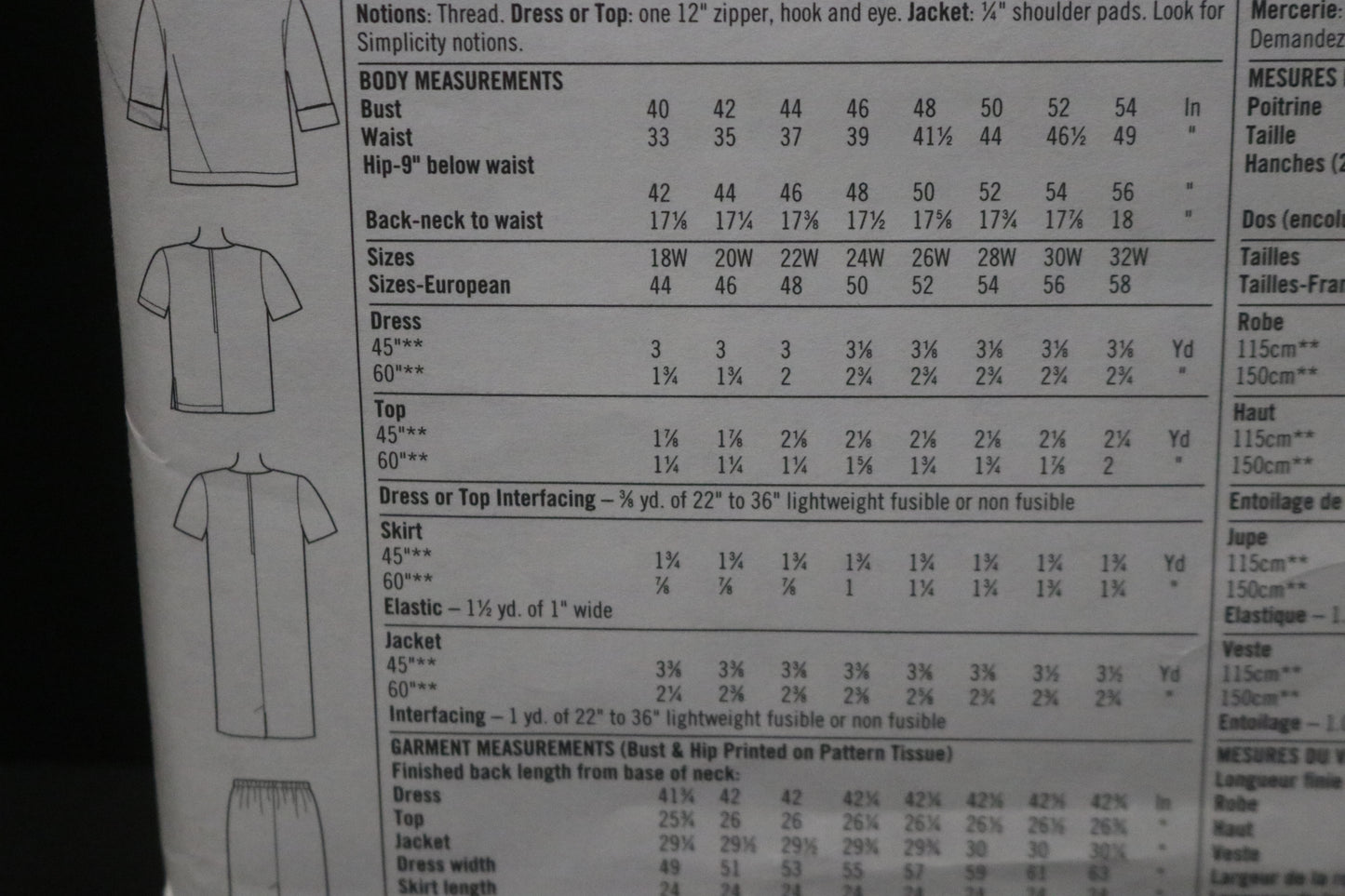 Simplicity 7740 Women's Dress or Top Skirt and Jacket Sewing Pattern UNCUT - Size 18w 20w 22w 24w