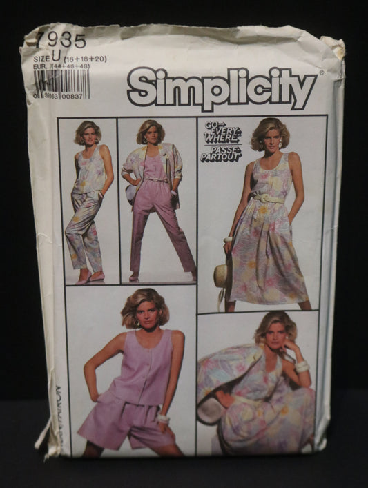 Simplicity 7935 Misses Easy to Sew Top Pull on Skirt, Pants and Shorts and Loose Fitting Unlined Jacket Sewing Pattern - UNCUT - Size 16 18 20
