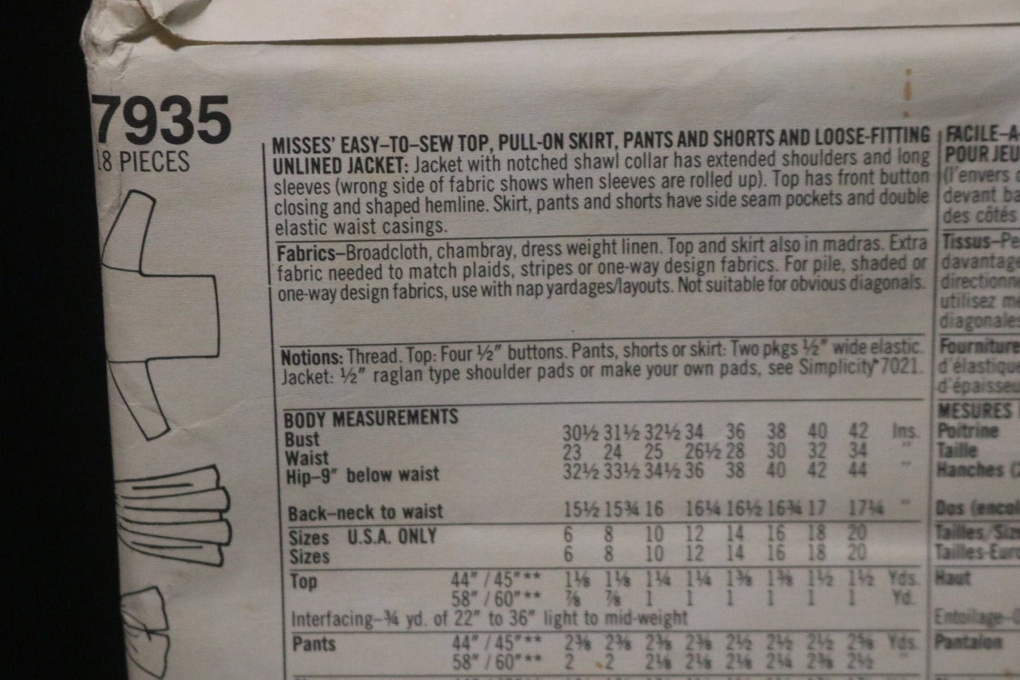 Simplicity 7935 Misses Easy to Sew Top Pull on Skirt, Pants and Shorts and Loose Fitting Unlined Jacket Sewing Pattern - UNCUT - Size 16 18 20
