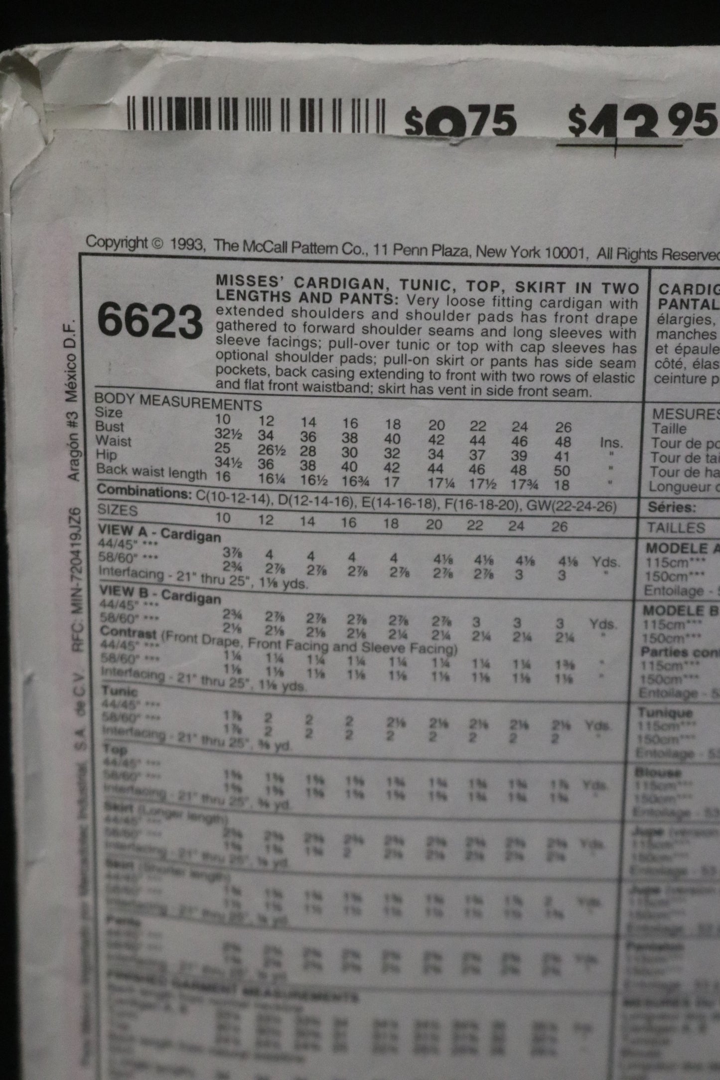 McCalls 6623 Misses Cardigan Tunic Top Skirt in Two Lengths and Pants Sewing Pattern - UNCUT - Size 14 16 18