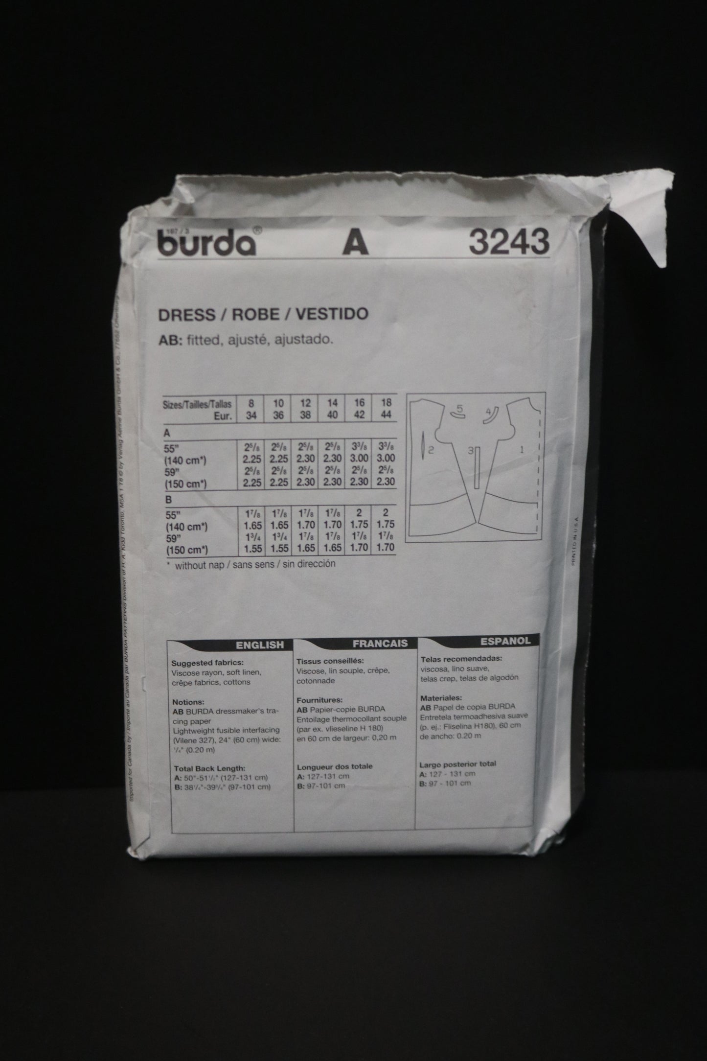 Burda 3243 Misses Dress Sewing Pattern - UNCUT - Size 8 10 12 14 16 18