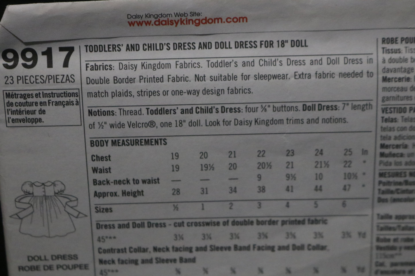 Simplicity 9917 Daisy Kingdom Childs and Toddlers Dress and Doll Dress for 18" Doll Sewing Pattern - UNCUT - Size 1/2 1  2