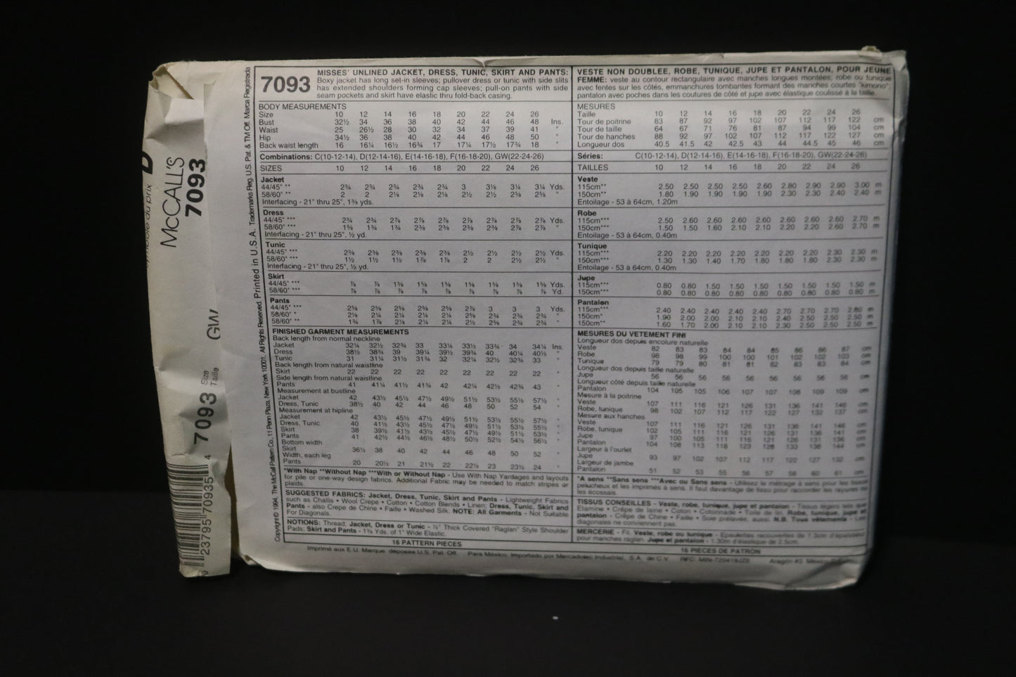 McCalls 7093 Misses Unlined jacket Dress Tunic Skirt and Pants Sewing Pattern - UNCUT - Size 22 24 26