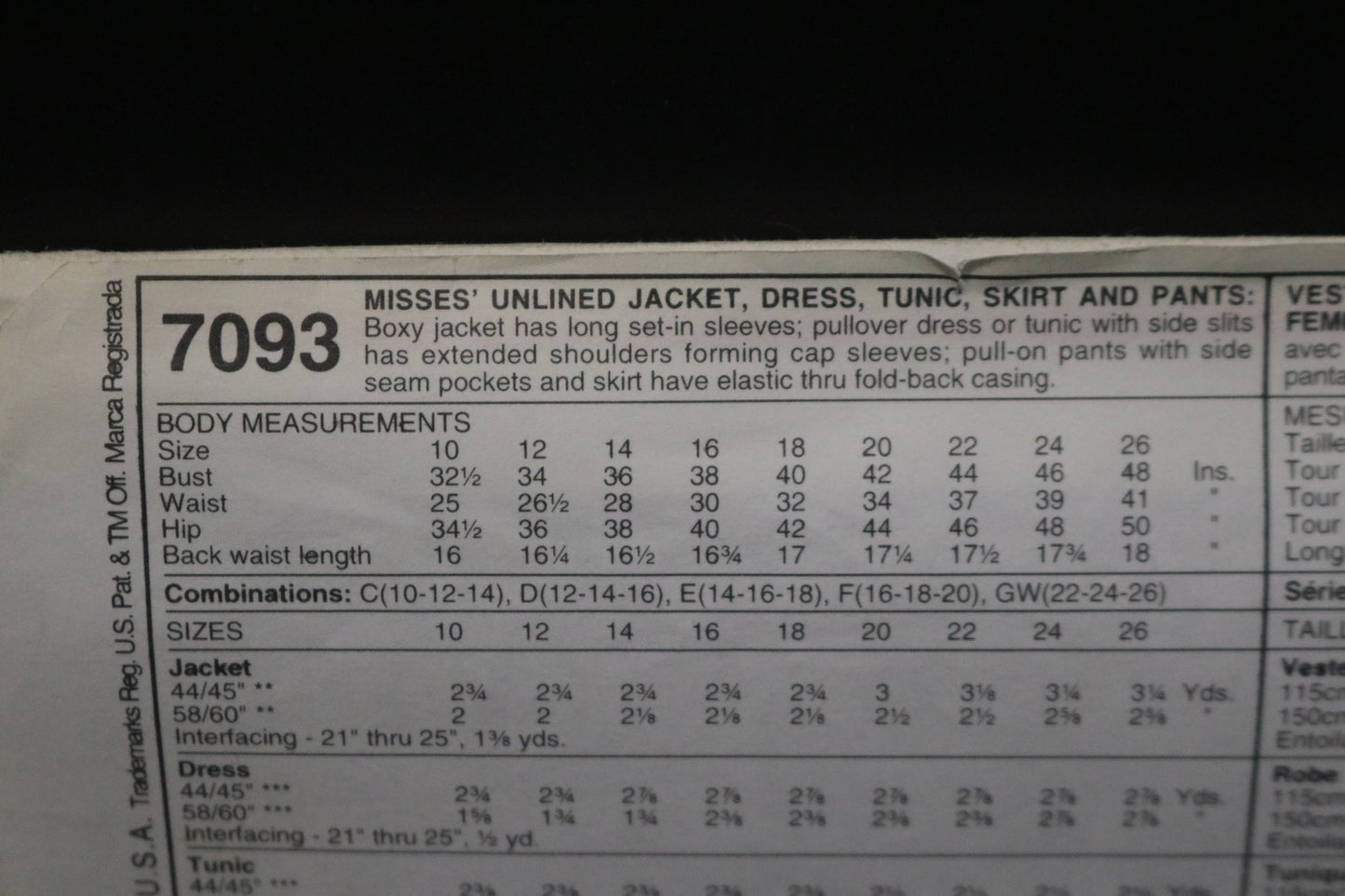 McCalls 7093 Misses Unlined jacket Dress Tunic Skirt and Pants Sewing Pattern - UNCUT - Size 22 24 26