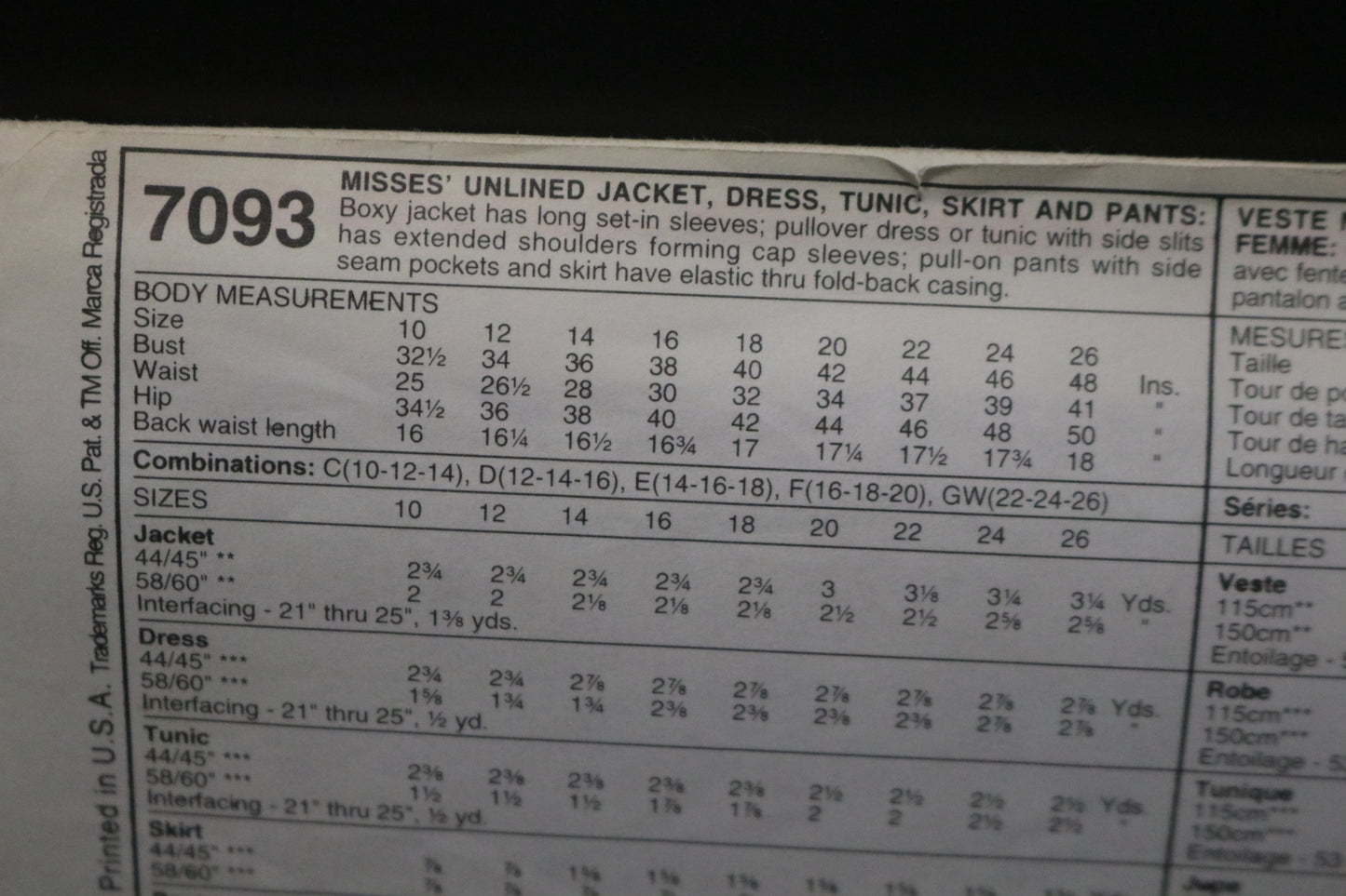 McCalls 7093 Misses Unlined jacket Dress Tunic Skirt and Pants Sewing Pattern - UNCUT - Size 22 24 26