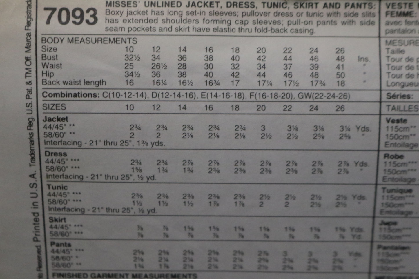 McCalls 7093 Misses Unlined jacket Dress Tunic Skirt and Pants Sewing Pattern - UNCUT - Size 22 24 26