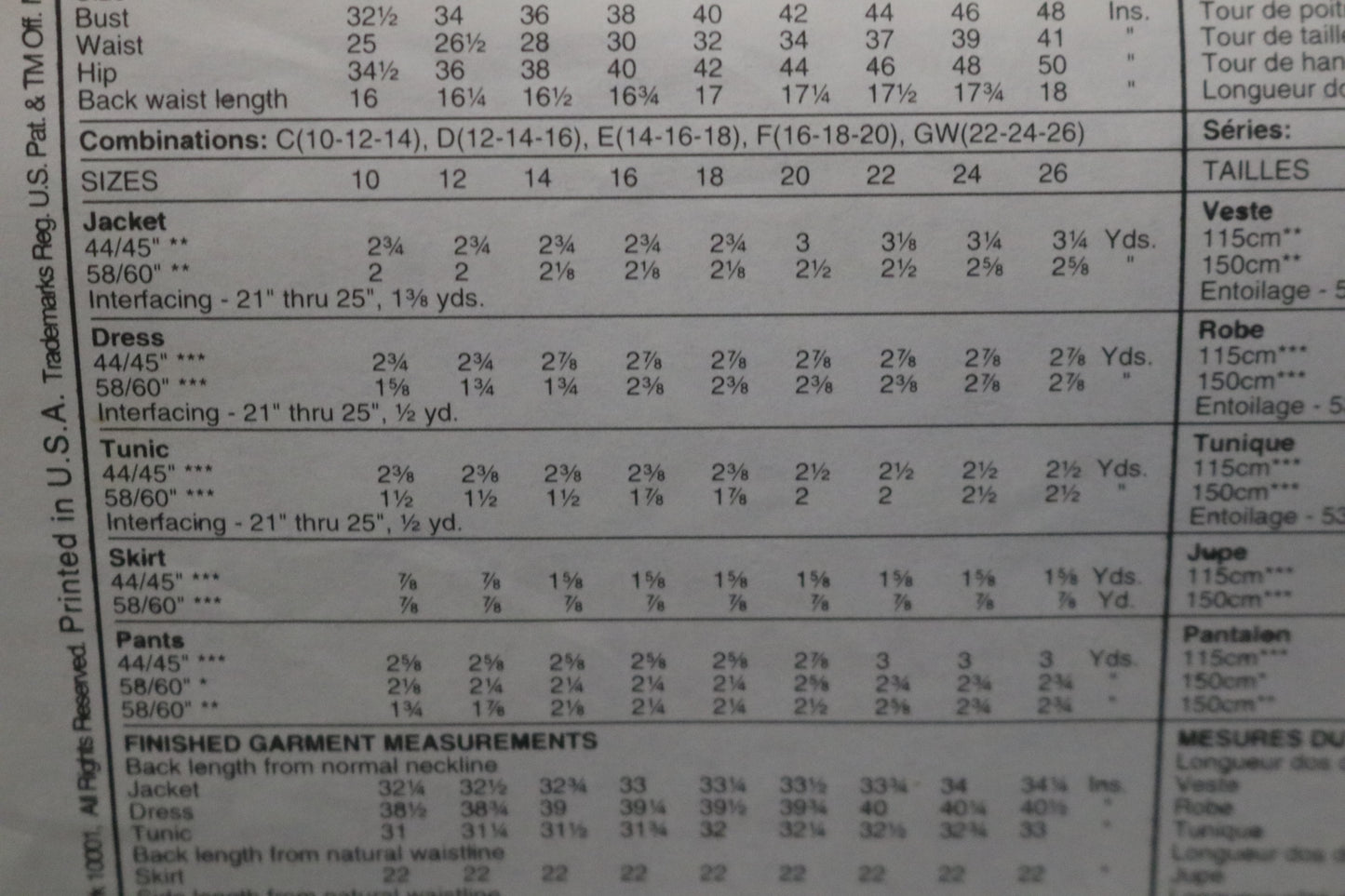 McCalls 7093 Misses Unlined jacket Dress Tunic Skirt and Pants Sewing Pattern - UNCUT - Size 22 24 26