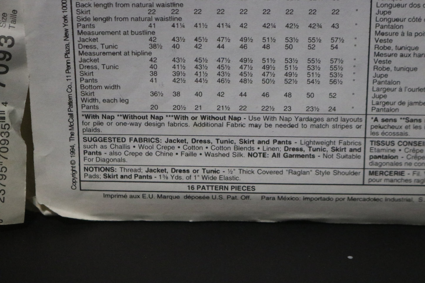 McCalls 7093 Misses Unlined jacket Dress Tunic Skirt and Pants Sewing Pattern - UNCUT - Size 22 24 26