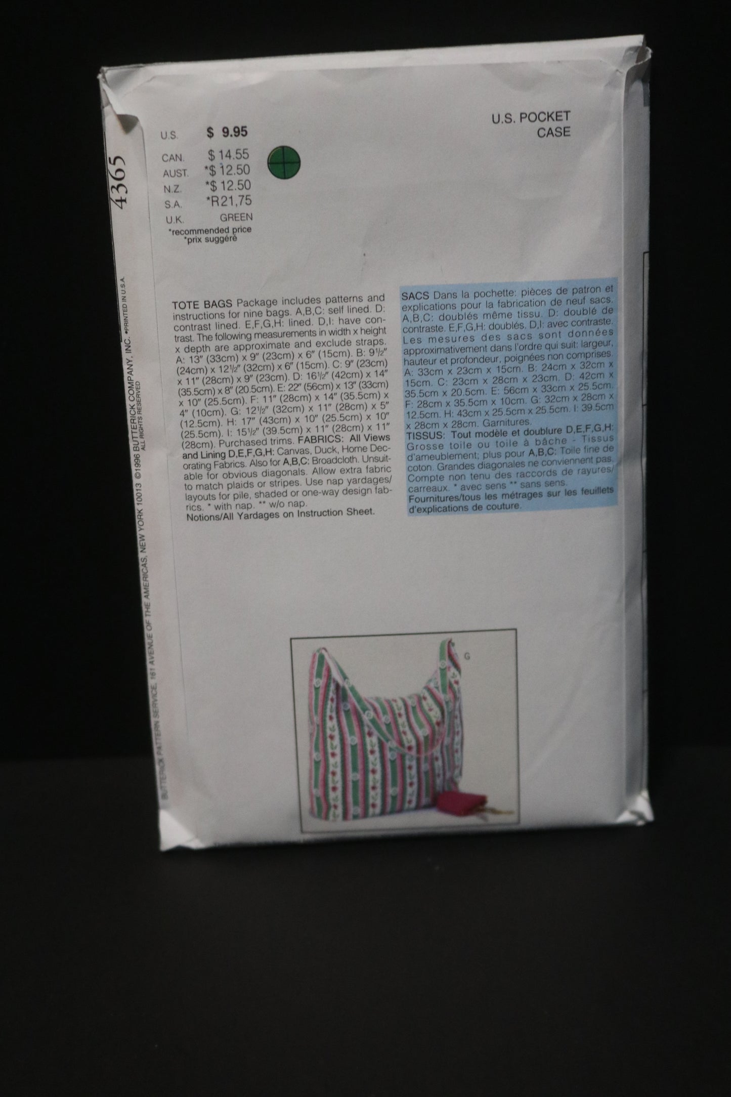 Butterick 4365 Tote Bags Sewing Pattern - UNCUT