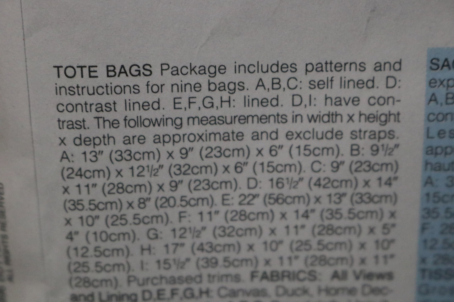 Butterick 4365 Tote Bags Sewing Pattern - UNCUT