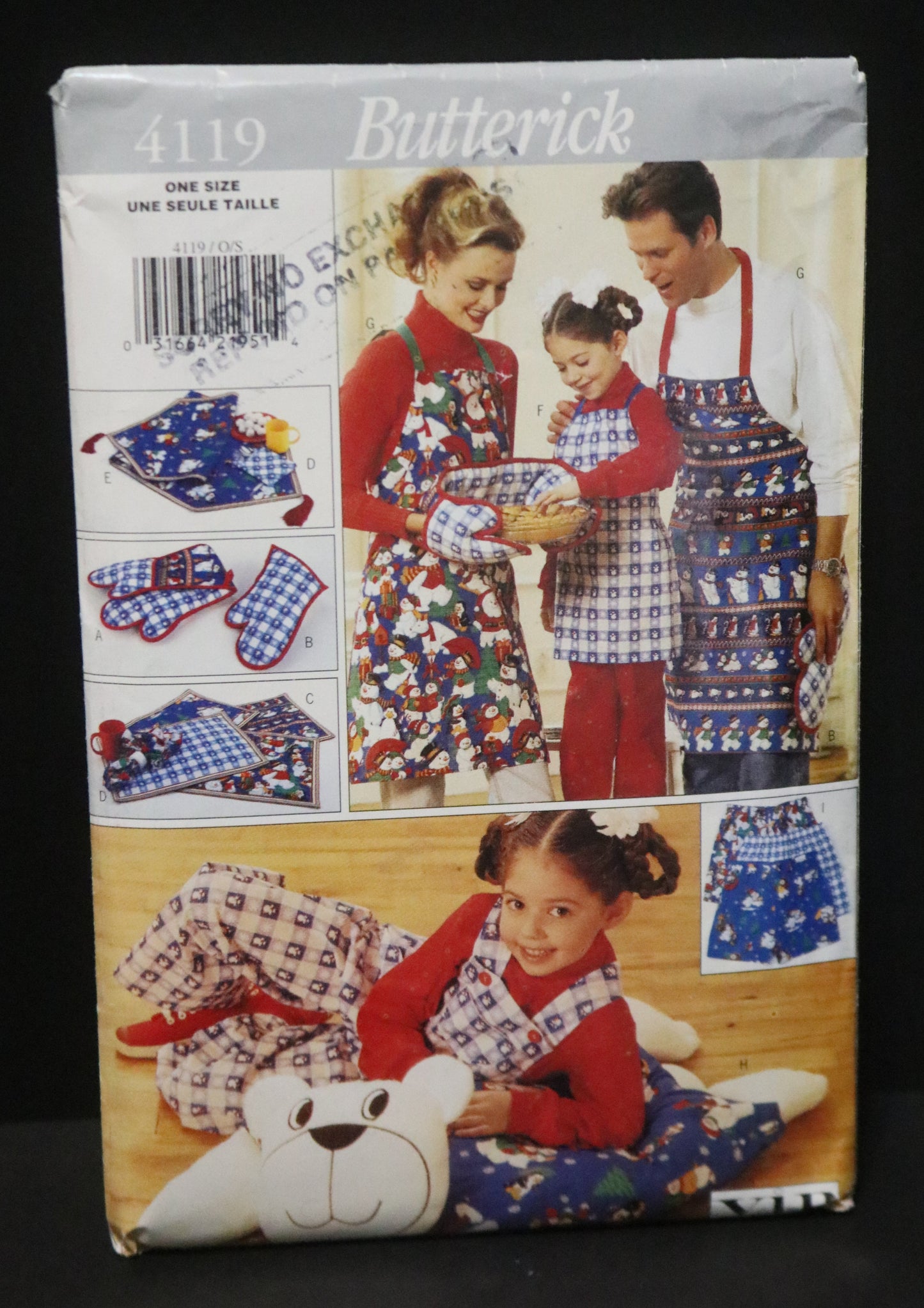 Butterick 4119 Christmas Gift Package Sewing Pattern - UNCUT - Apron, Oven Mitts, Placemat, Boxers and more