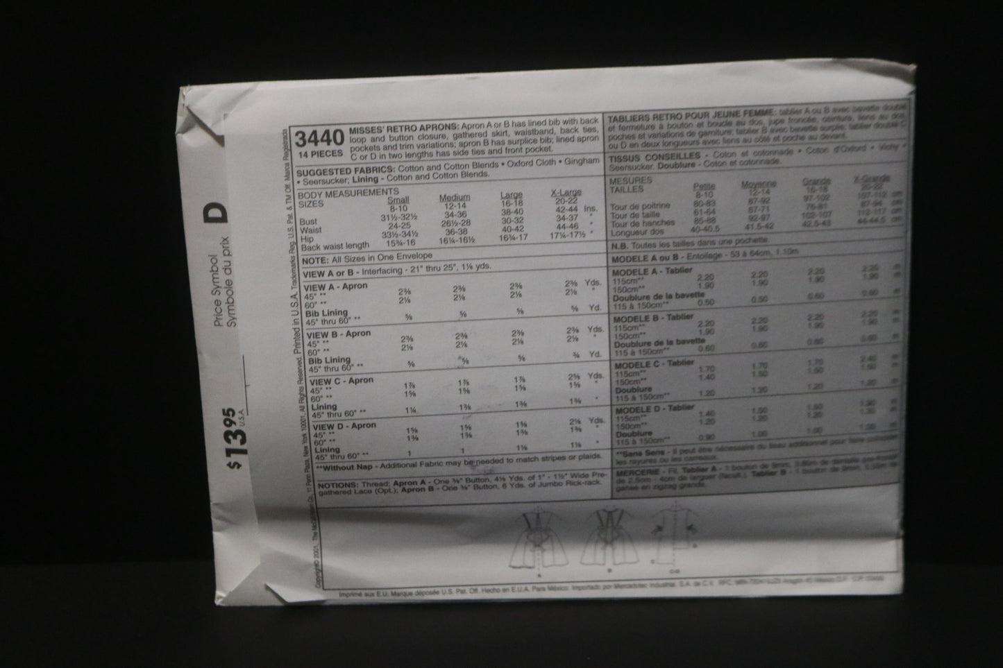 McCalls 3440 Misses Retro Aprons Sewing Pattern - UNCUT Size Sml Med Lrg Xlg