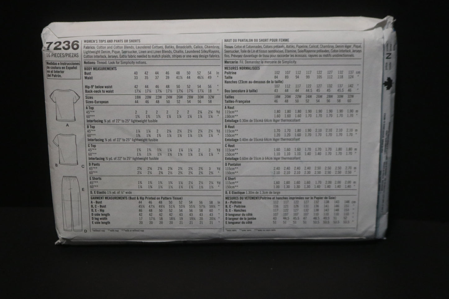 Simplicity 7236 Women's Top and Pants or Shorts Sewing Pattern UNCUT Size 18w 20w 22w 24w