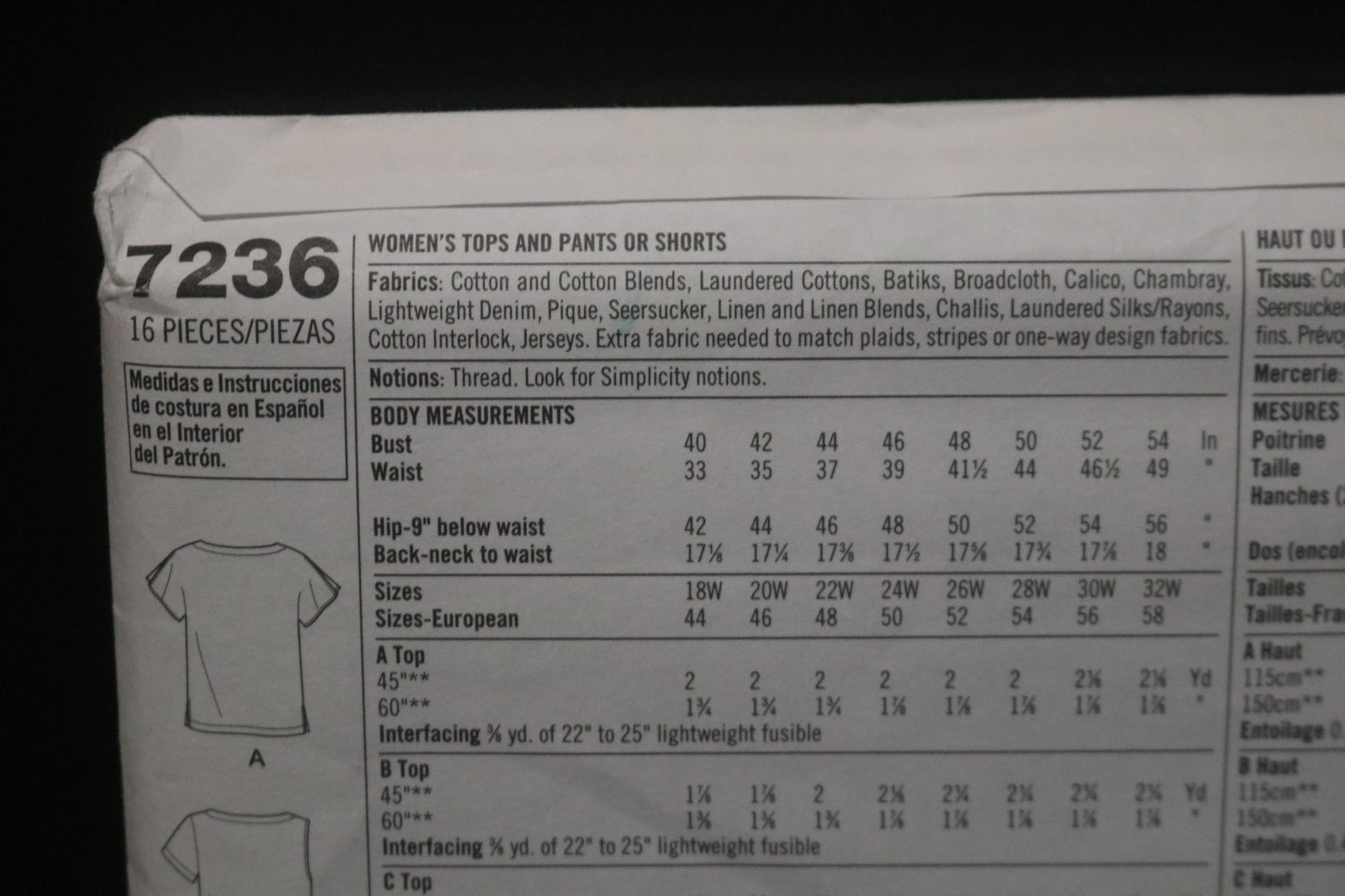 Simplicity 7236 Women's Top and Pants or Shorts Sewing Pattern UNCUT Size 18w 20w 22w 24w