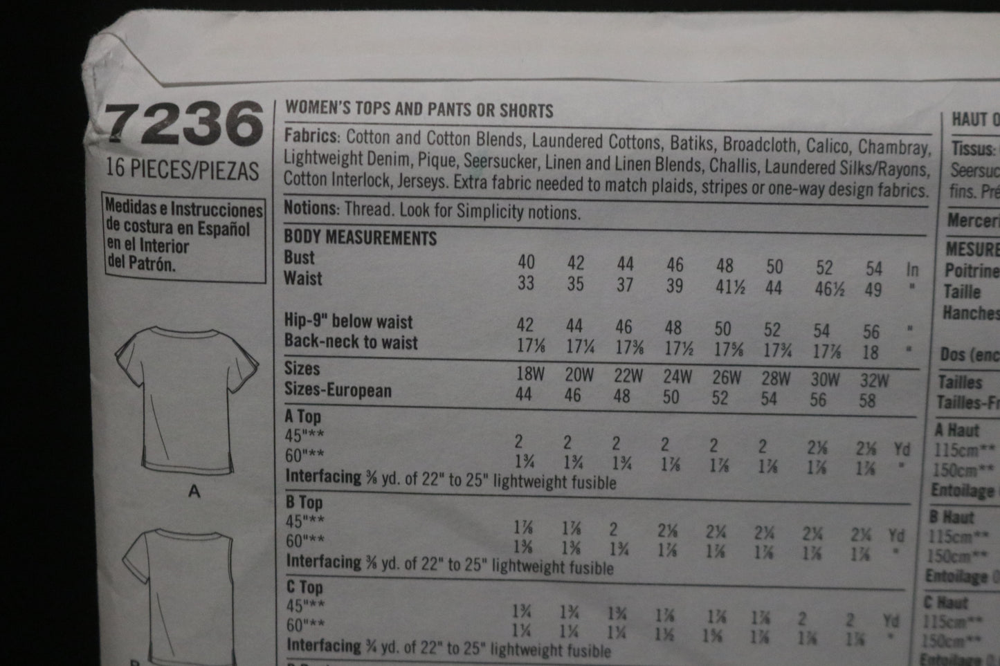 Simplicity 7236 Women's Top and Pants or Shorts Sewing Pattern UNCUT Size 18w 20w 22w 24w