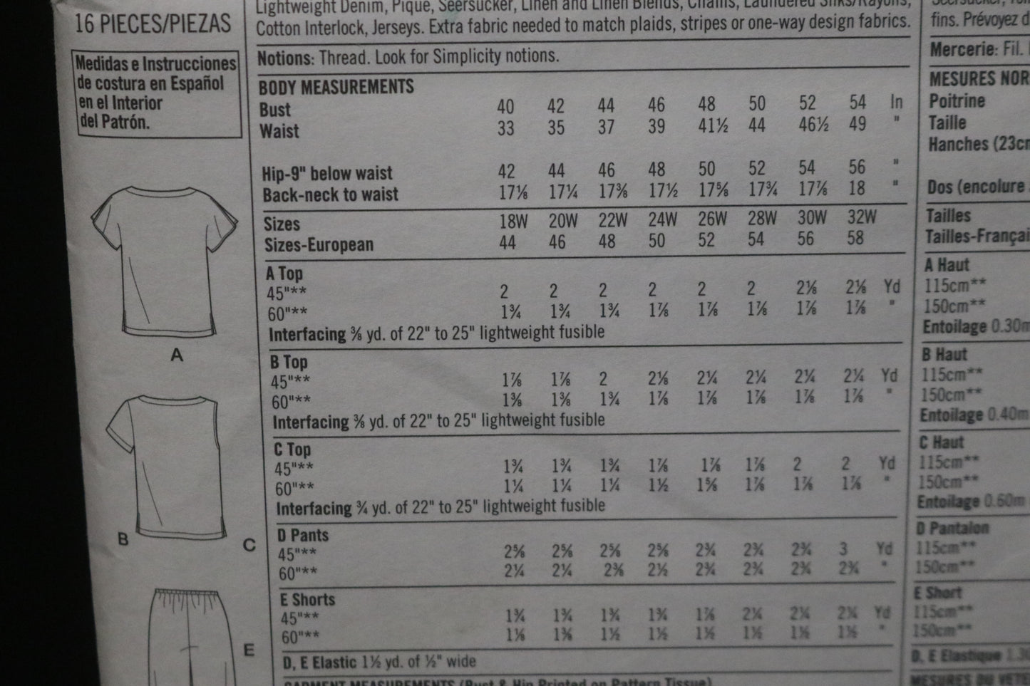 Simplicity 7236 Women's Top and Pants or Shorts Sewing Pattern UNCUT Size 18w 20w 22w 24w