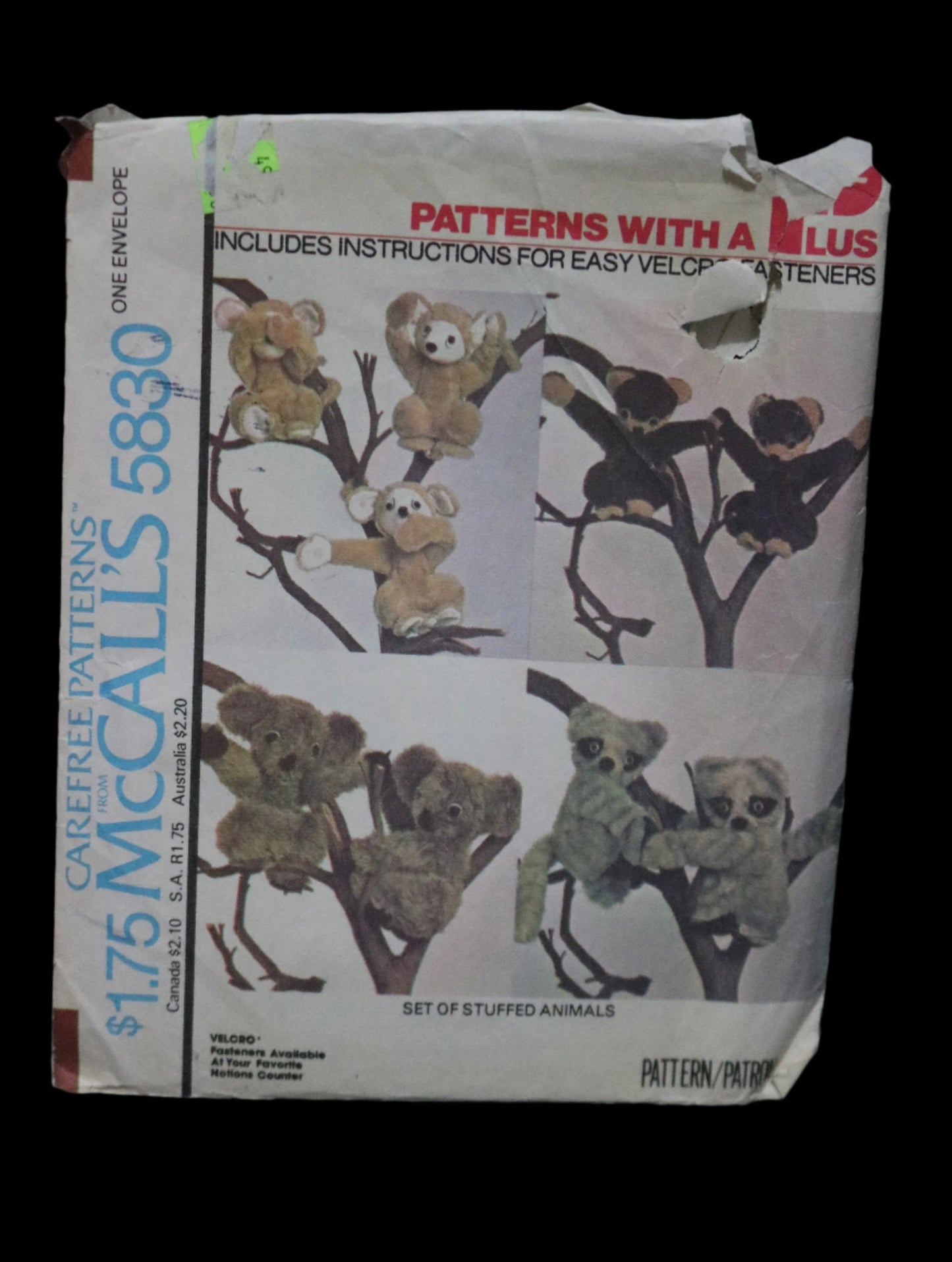 McCalls 5830 Set of Stuffed Animals Monkey Koala Racoon Bear  Sewing Pattern UNCUT