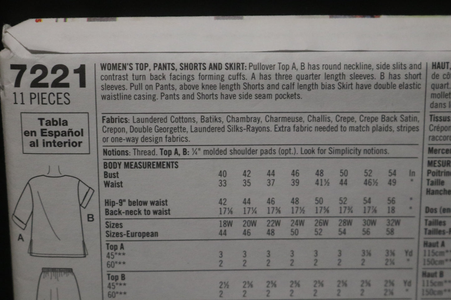 Simplicity 7221 Womens Top Pants Shorts and Skirt Sewing Pattern UNCUT -Size 18W - 23W or Size 26W - 32W