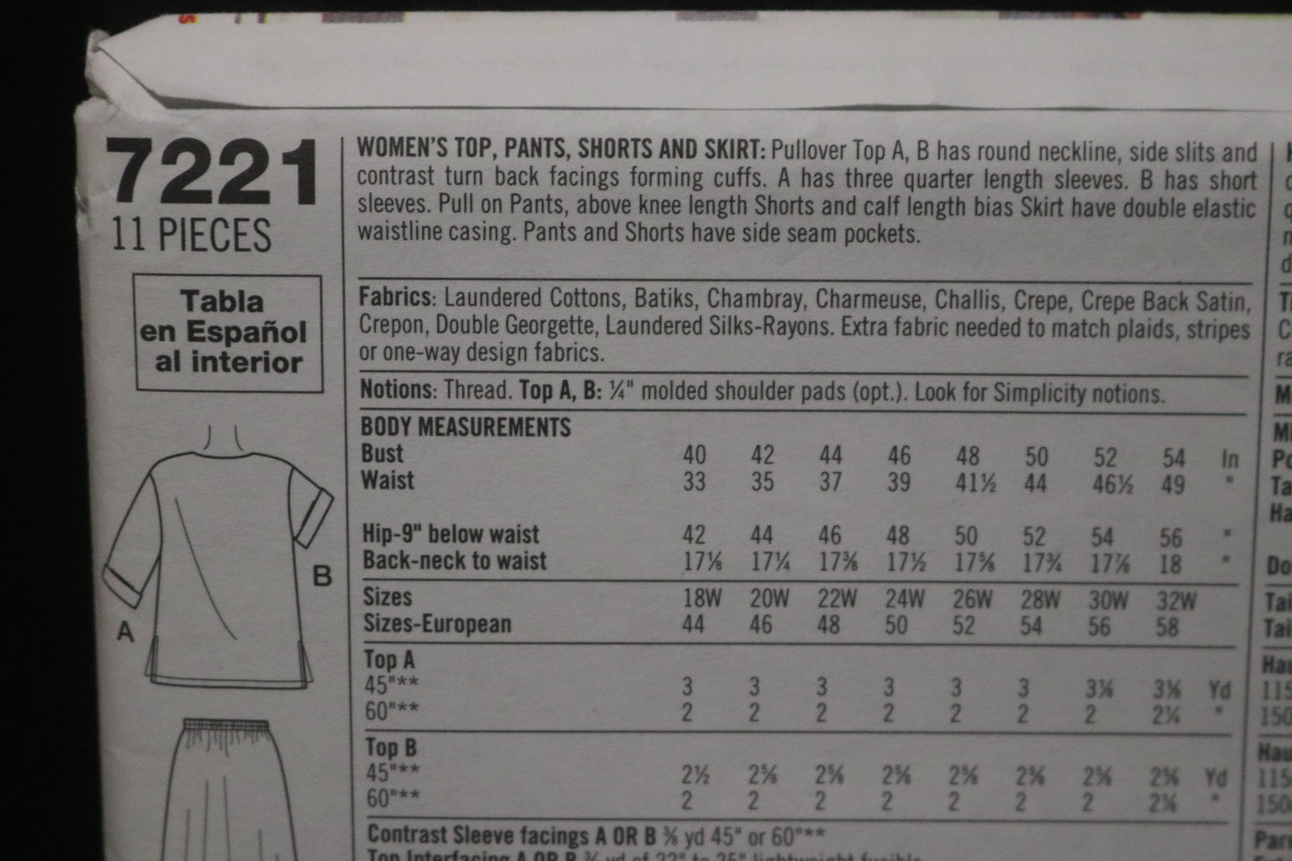 Simplicity 7221 Womens Top Pants Shorts and Skirt Sewing Pattern UNCUT -Size 18W - 23W or Size 26W - 32W