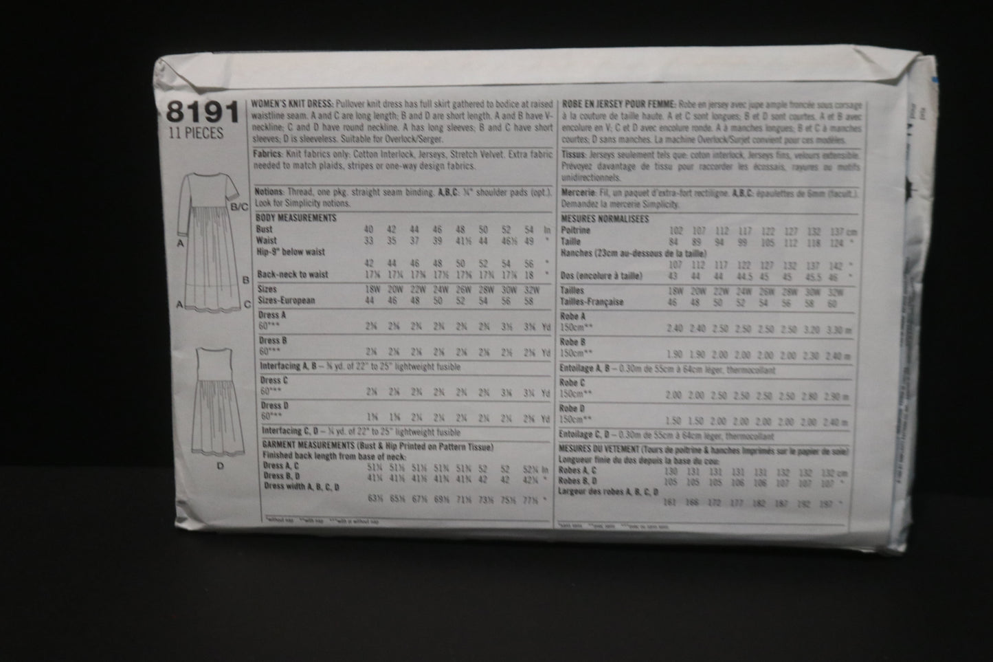 Simplicity 8191 Womens Knit Dress Sewing Pattern UNCUT Size 18w - 24w