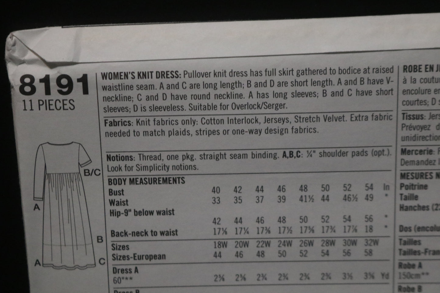 Simplicity 8191 Womens Knit Dress Sewing Pattern UNCUT Size 18w - 24w