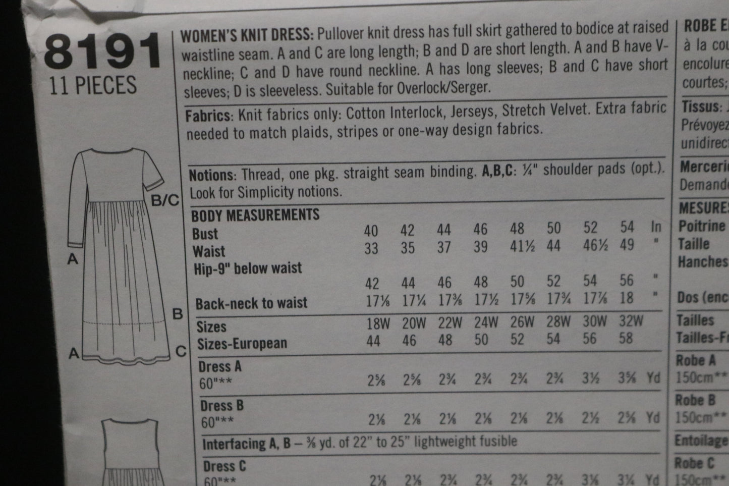 Simplicity 8191 Womens Knit Dress Sewing Pattern UNCUT Size 18w - 24w