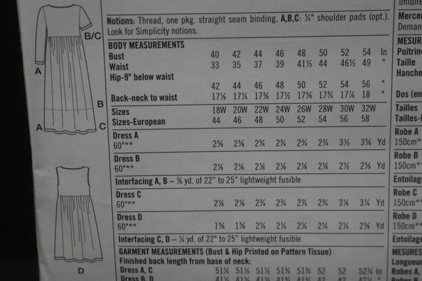 Simplicity 8191 Womens Knit Dress Sewing Pattern UNCUT Size 18w - 24w