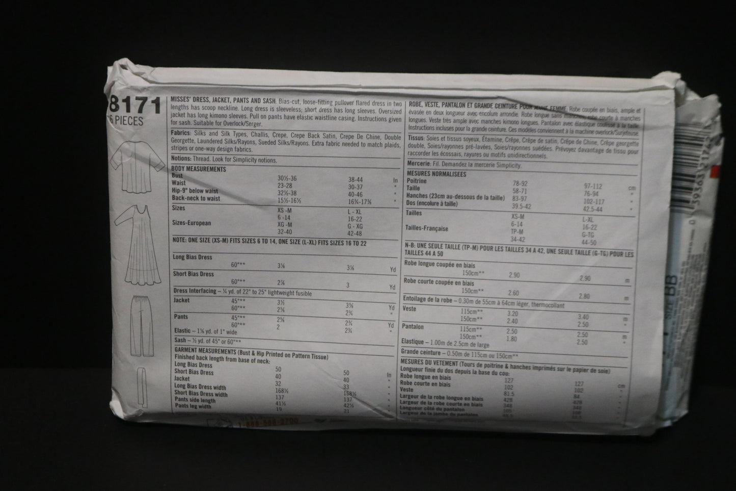 Simplicity 8171 Misses Dress Jacket Pants and Sash Sewing Pattern UNCUT Size L - XL