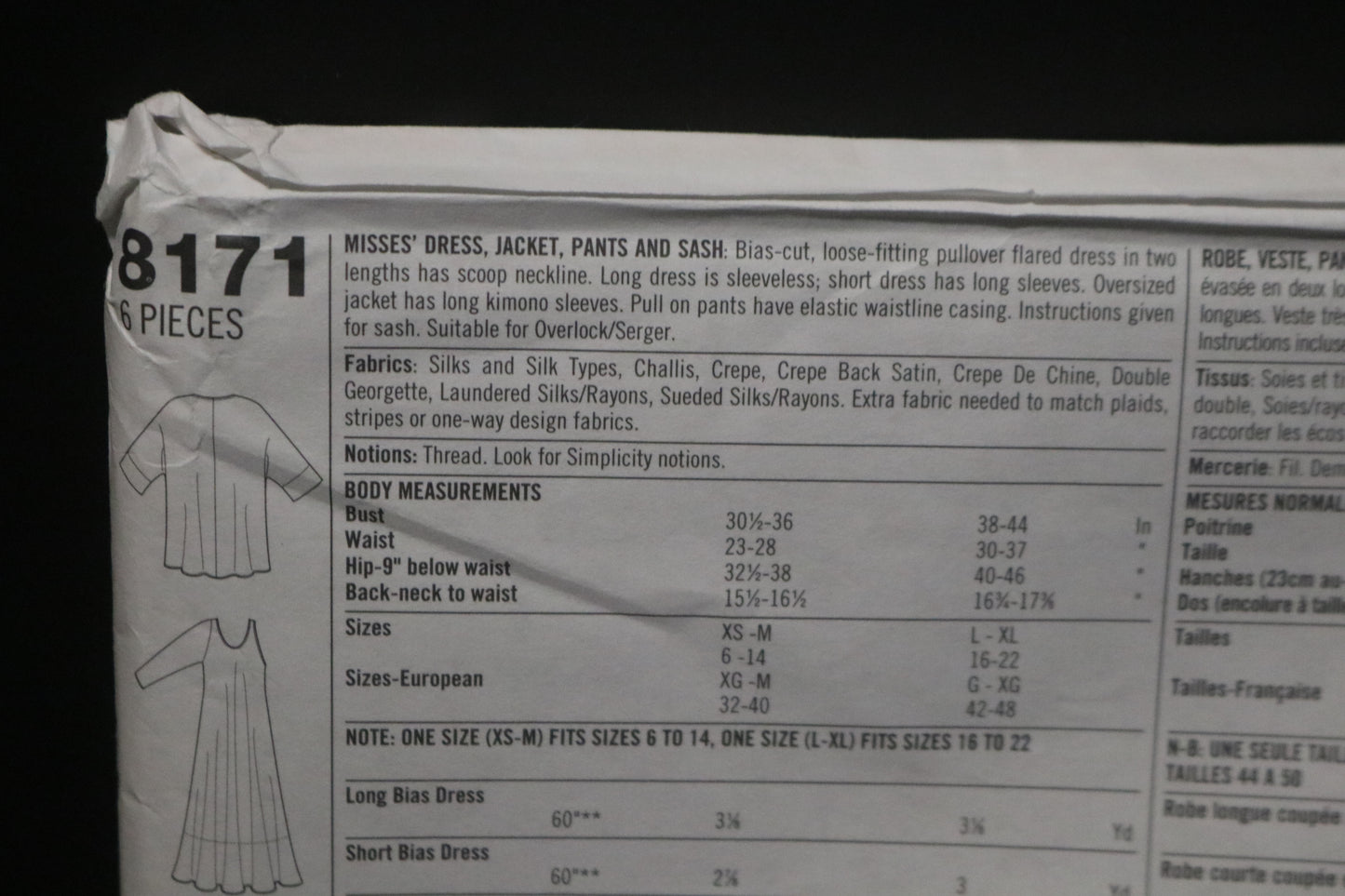 Simplicity 8171 Misses Dress Jacket Pants and Sash Sewing Pattern UNCUT Size L - XL